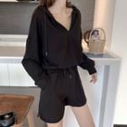 Hooded V-neck Long-sleeve T-shirt / Drawstring Shorts