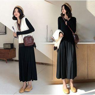 Set: Long-sleeve Midi A-line Knit Dress + V-neck Vest