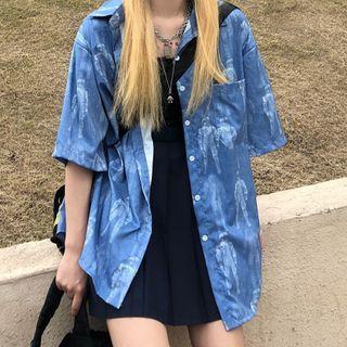 Printed Elbow-sleeve Shirt Blue - One Size