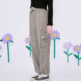 Beribboned Plaid Cargo Jogger Pants