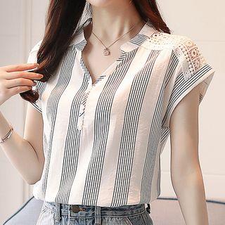 Short-sleeve Lace Panel Stripe Notch Neck Blouse