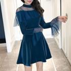 Long-sleeve Mesh Panel Mini A-line Knit Dress