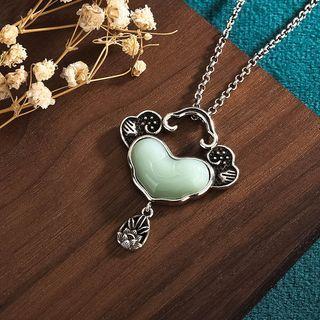 Lock Faux Gemstone Pendant Alloy Necklace Cp555 - Dark Silver & Light Green - One Size