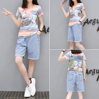 Set: Printed Short Sleeve T-shirt + Denim Shorts