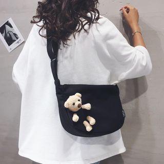 Bear Accent Plain Canvas Crossbody Bag