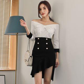 Set: Bow Off Shoulder Top + Asymmetrical Pencil Skirt