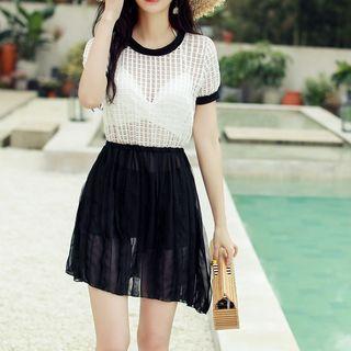 Set: Plain Bikini + Short-sleeve Cover-up Dress
