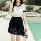 Set: Plain Bikini + Short-sleeve Cover-up Dress