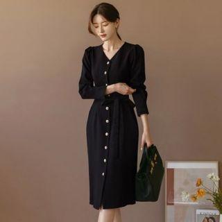 Button-trim Coatdress With Sash