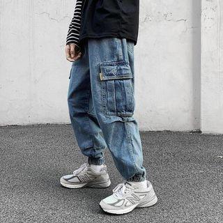 Denim Cropped Cargo Joggers