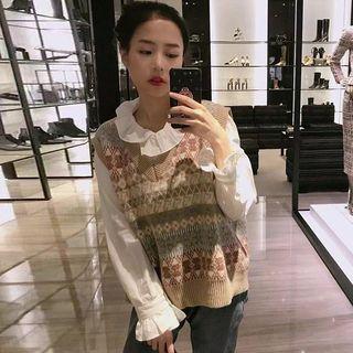 Patterned Knit Vest / Ruffle Blouse
