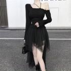 Asymmetrical Cold-shoulder T-shirt / A-line Mesh Skirt