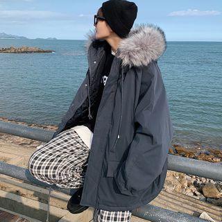 Faux Fur Hood Plain Padded Coat
