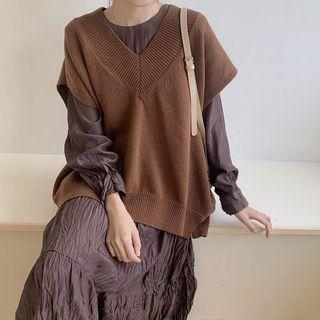 Plain Midi Dress / Loose-fit Knitted Vest