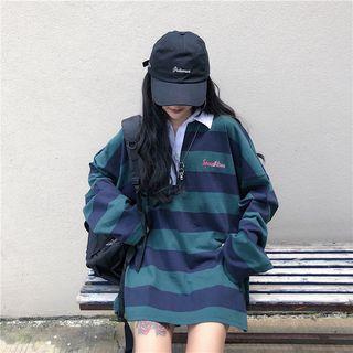 Long-sleeve Striped Polo Collar Long T-shirt As Shown In Figure - One Size