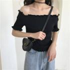 Off-shoulder Short-sleeve Knit Top Black - One Size