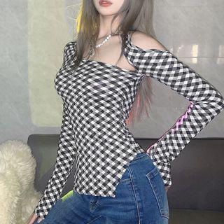 Long Sleeve Check Cut-out Top