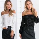 Long-sleeve Off-shoulder Polka Dotted Top