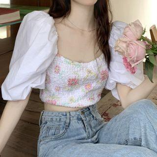 Short-sleeve Smocked Floral Blouse White - One Size