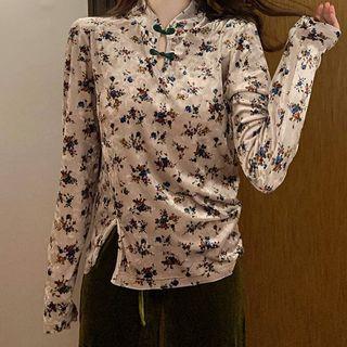 Print Mock-neck Long-sleeve Velvet Top