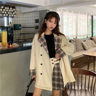 Plaid Panel Trench Coat / Mini Plaid A-line Skirt