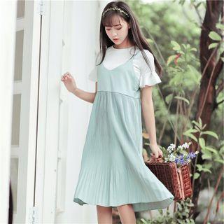 Set: Spaghetti Strap Chiffon Dress + Short-sleeve Top
