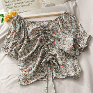 Boatneck Drawstring Floral Crop Top