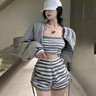 Striped Tube Top / Drawstring Sweatshorts / Cropped Baseball Jacket