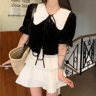 Short-sleeve Ruffle Blouse / Ruffle Trim A-line Skirt