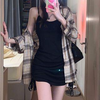 Long-sleeve Plaid Shirt / Drawstring Bodycon Spaghetti Strap Dress