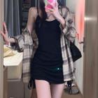 Long-sleeve Plaid Shirt / Drawstring Bodycon Spaghetti Strap Dress