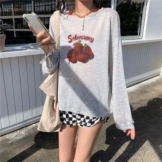 Long-sleeve Strawberry Print T-shirt / Checkered Shorts
