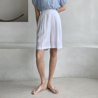High-waist Pleated Textured Shorts