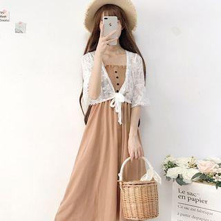Spaghetti-strap A-line Dress / Elbow-sleeve Lace Jacket