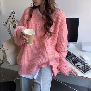 V-neck Rib Knit Sweater / Slit-hem Long Sleeve Plain T-shirt