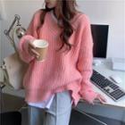 V-neck Rib Knit Sweater / Slit-hem Long Sleeve Plain T-shirt