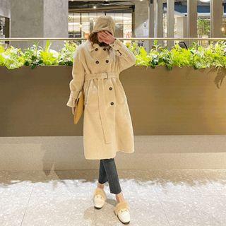 Double-breasted Faux-shearling Coat With Sash Beige - One Size