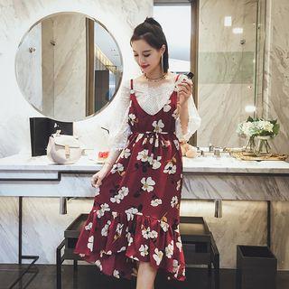 Set: Floral Print Slipdress + 3/4 Sleeve V-neck Lace Blouse