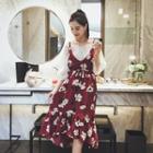 Set: Floral Print Slipdress + 3/4 Sleeve V-neck Lace Blouse