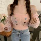 Set: Floral Embroidered Pointelle Knit Cardigan + Camisole Top Set - Pink - One Size