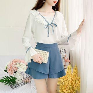 Set: Ruffled Contrast Trim Top + Layered Plain Skort