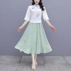 Set: Long-sleeve Floral Print Cheongsam Top + Midi A-line Skirt