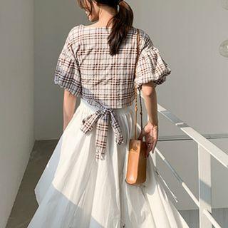 Plaid Puff Short-sleeve Lace Up Strap Top