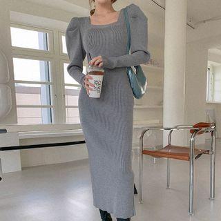 Puff-sleeve Rib-knit Maxi Dress
