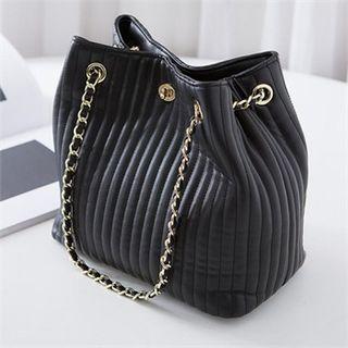 Chain-strap Striped Faux-leather Tote Black - One Size