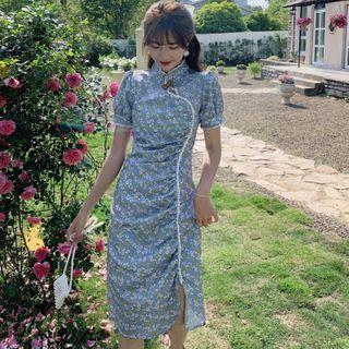 Short-sleeve Frill Trim Floral Printed Qipao