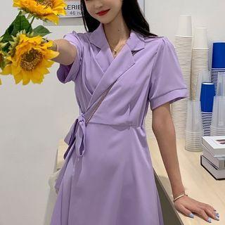 Short-sleeve Open-collar Wrap A-line Mini Dress