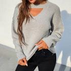 Plain V-neck Long Sleeve Cut-out Sweater