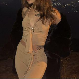 Set: Halter-neck Cropped Camisole Top + High-waist Pants