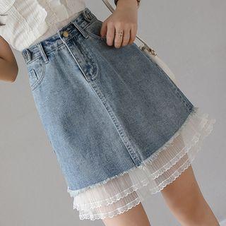 Mesh Trim A-line Denim Skirt